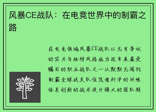 风暴CE战队：在电竞世界中的制霸之路